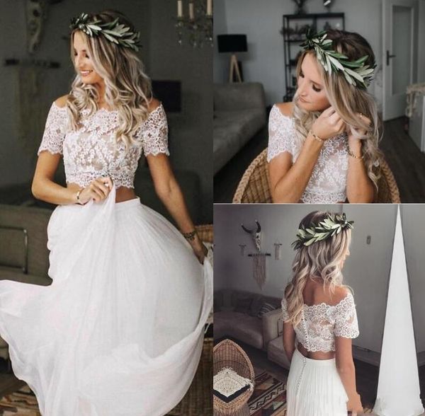 two pieces sheer lace wedding dresses off shoulder summer beach country appliques chiffon floor length arabic bridal gowns with short sleeve, White
two pieces sheer lace wedding dresses off shoulder summer beach country appliques chiffon floor length arabic bridal gowns with short sleeve, White