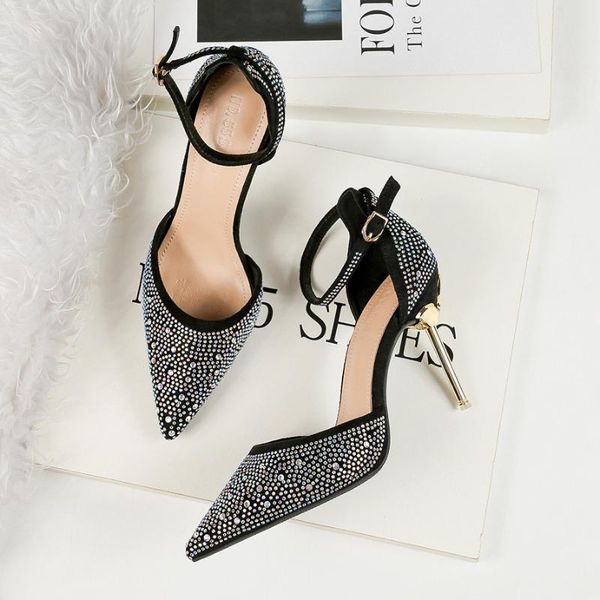 fashion pointed toe shallow mouth rhinestone decoration a word buckle sandals metal fine with glittering office women's shoes, Black
fashion pointed toe shallow mouth rhinestone decoration a word buckle sandals metal fine with glittering office women's shoes, Black