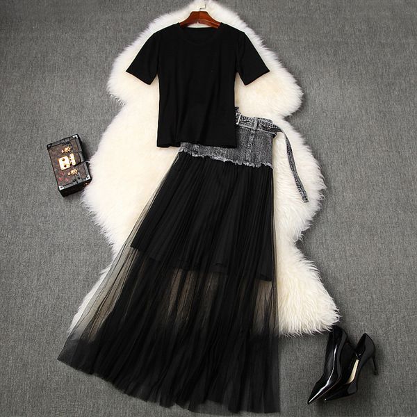 women black skirt set summer 2020 short sleeve t-shirts tee and denim jeans patchwork mesh long skirts two piece sets, White
women black skirt set summer 2020 short sleeve t-shirts tee and denim jeans patchwork mesh long skirts two piece sets, White