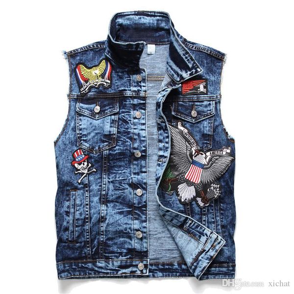 mens badge denim vest sleeveless jeans jacket fashion designer vintage washed slim fit waistcoat big size outwear 913, Black;white
mens badge denim vest sleeveless jeans jacket fashion designer vintage washed slim fit waistcoat big size outwear 913, Black;white