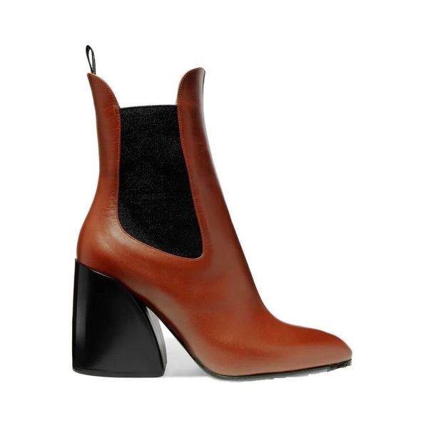 sheepskin leather chunky high heels shoes patchwork pillage toes solid ankle boots size 34-43 elastic band light brown, Black