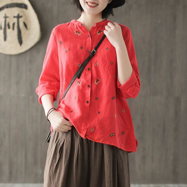 women summer cotton linen blouse o neck embroidery long sleeve loose casual shirts, White
women summer cotton linen blouse o neck embroidery long sleeve loose casual shirts, White