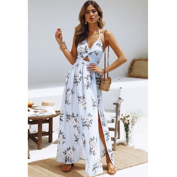 2019 women dress summer boho maxi long dress beach dresses sundress print floral halter vestido v neck evening party, Black;gray