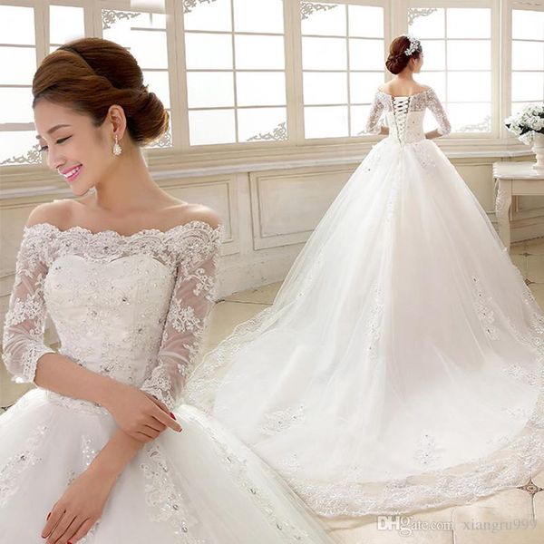 setwell lace wedding dress boat neck 3/4 sleeves a-line long train wedding gowns custom made plus size bridal dress, White
setwell lace wedding dress boat neck 3/4 sleeves a-line long train wedding gowns custom made plus size bridal dress, White