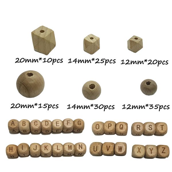 Beech Wooden Round Beads Set Teether Chewable Organic Wood English Alphabet Hexagon Teething Beads Necklace For Diy Craft Jewelry Making