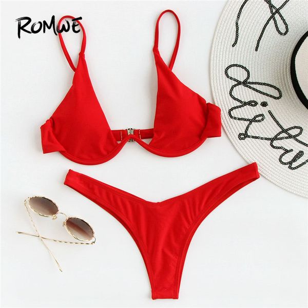 

romwe sport plunge neck bathing suit women push up bikinis with high cut bottom bikini sets beach underwire swimwear