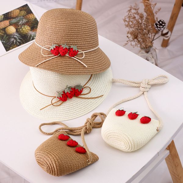 hand knitted fresh strawberry straw hat straw bag set baby college style sun-resistant lotus leaf hat bucket children colleg, Yellow 
hand knitted fresh strawberry straw hat straw bag set baby college style sun-resistant lotus leaf hat bucket children colleg, Yellow