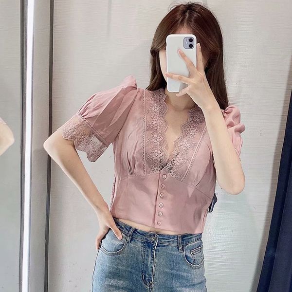 women fashion lace trim cropped blouses v neck short sleeve button female blouse blusas chic 2020 vintage office lady top, White
women fashion lace trim cropped blouses v neck short sleeve button female blouse blusas chic 2020 vintage office lady top, White