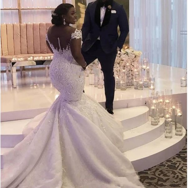 african mermaid wedding dresses plus size sheer neck illusion back buttons appliques capped beads sequins bridal gowns vestidos de novia, White
african mermaid wedding dresses plus size sheer neck illusion back buttons appliques capped beads sequins bridal gowns vestidos de novia, White