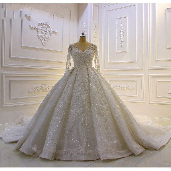 luxury dubai long sleeves lace appliqued a-line wedding dressa sparkly sequined beaded arabic bridal gown, White
luxury dubai long sleeves lace appliqued a-line wedding dressa sparkly sequined beaded arabic bridal gown, White