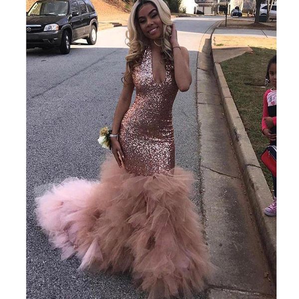 black girls sequins mermaid rose pink long evening dresses 2020 halter deep v neck organza skirt evening party gowns, Black;red
black girls sequins mermaid rose pink long evening dresses 2020 halter deep v neck organza skirt evening party gowns, Black;red