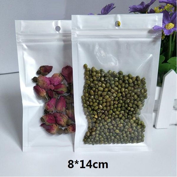 

8*14cm small white/clear zipper plastic retail pack bag zip lock package with hang hole for sample tea coffee phone accessories