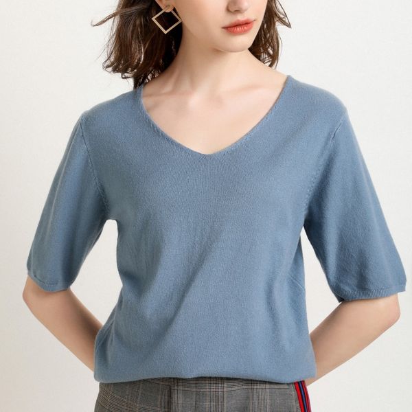 2019 spring knit short-sleeved bottoming shirt women knit t-blouse female v-neck smock slim half-sleeve sweater, White;black
2019 spring knit short-sleeved bottoming shirt women knit t-blouse female v-neck smock slim half-sleeve sweater, White;black