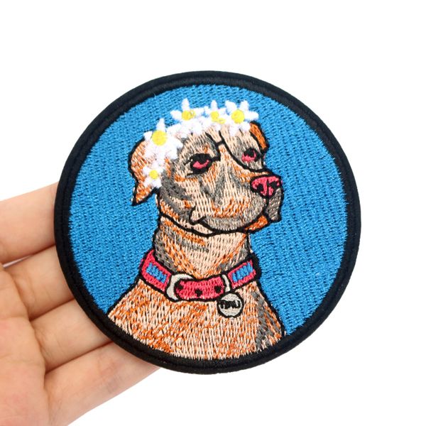 flowers and dog embroidered patches iron on for clothing hat diy stripes applique badge stickers backpack clothes accessories, Black