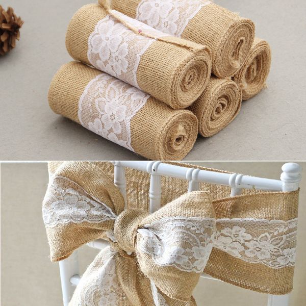 15*240 cm vintage jute burlaps with white lace roll craft ribbon for wedding decoration in table runner chair sashes 
15*240 cm vintage jute burlaps with white lace roll craft ribbon for wedding decoration in table runner chair sashes
