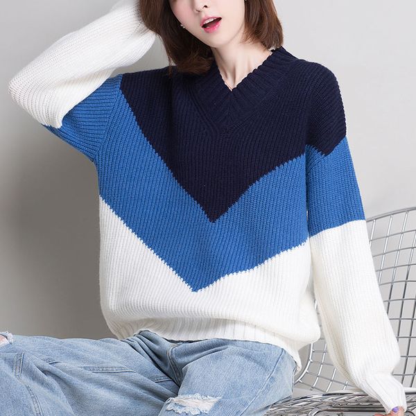 women's thicken loose sweater v-neck knitted pullover 2019 autumn winter long sleeve female oversized warm striped pullovers, White;black
women's thicken loose sweater v-neck knitted pullover 2019 autumn winter long sleeve female oversized warm striped pullovers, White;black