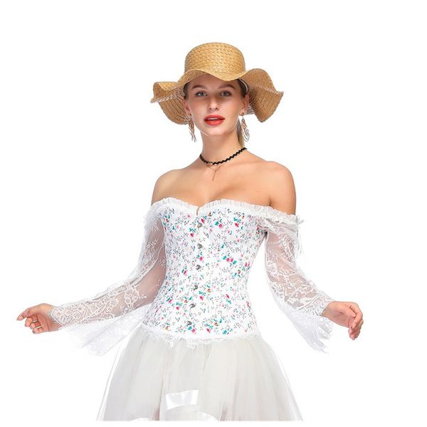 white floral print lace flare sleeve vintage gothic corset bustier steampunk costume corpetes corseletes e espartilhos, Black;white
white floral print lace flare sleeve vintage gothic corset bustier steampunk costume corpetes corseletes e espartilhos, Black;white