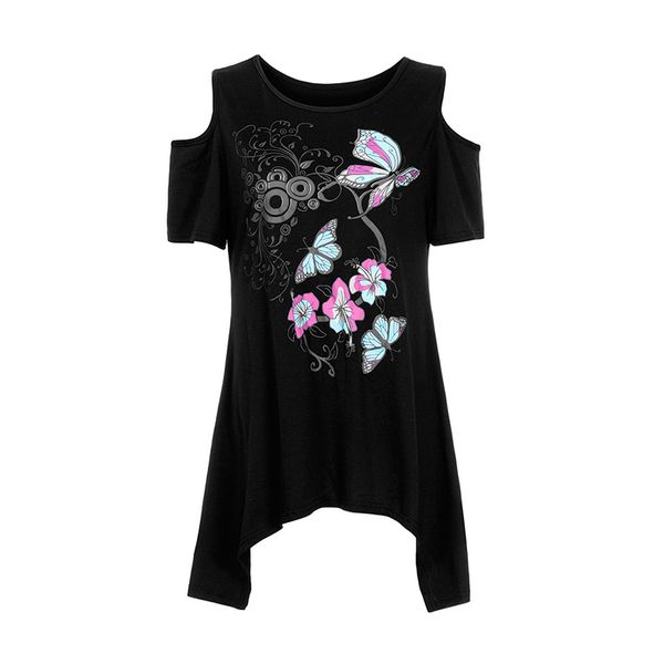 women summer butterfly print asymmetric short sleeve cold shoulder t-shirt female clothing ws9642v, White
women summer butterfly print asymmetric short sleeve cold shoulder t-shirt female clothing ws9642v, White