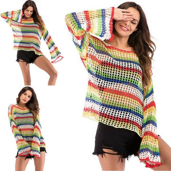 rainbow plaid stitching knitted crochet t shirt woman female long flare sleeve hollow sunscreen all match summer autumn new, White
rainbow plaid stitching knitted crochet t shirt woman female long flare sleeve hollow sunscreen all match summer autumn new, White