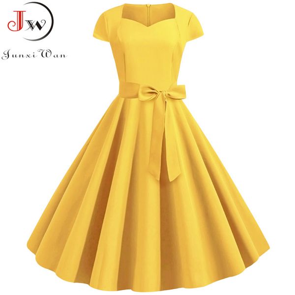 2019 summer solid yellow color 50s 60s vintage dress women short sleeve square collar elegant office party midi dresses belt, Black;gray
2019 summer solid yellow color 50s 60s vintage dress women short sleeve square collar elegant office party midi dresses belt, Black;gray