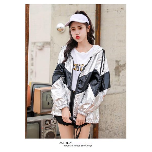 wt5231 european stylish personality color block patchwork laser shining loose thin jacket sunscreen jackets outwear, Black;brown
wt5231 european stylish personality color block patchwork laser shining loose thin jacket sunscreen jackets outwear, Black;brown