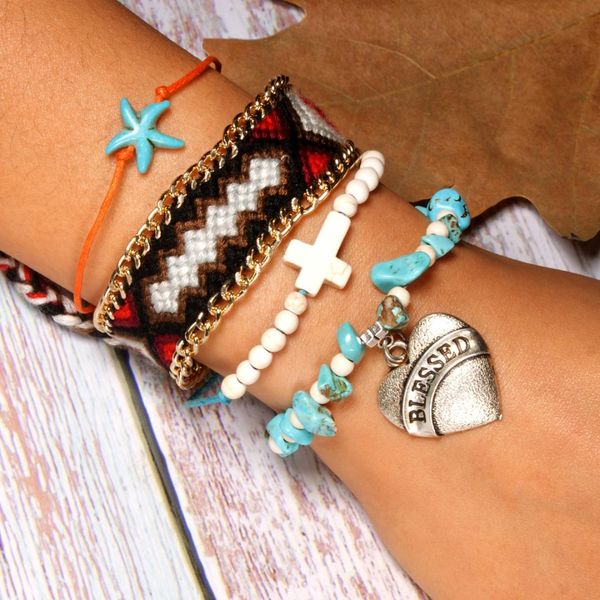 4pcs/set boho handwave bracelets cross, heart, blessed, starfish, turquoises stone, bohemian stocking bracelets, Golden;silver
4pcs/set boho handwave bracelets cross, heart, blessed, starfish, turquoises stone, bohemian stocking bracelets, Golden;silver