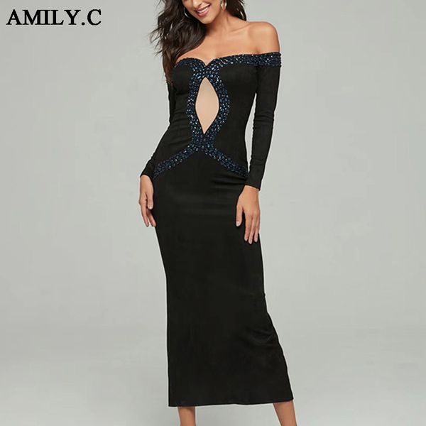 amily.c2019 autumn women's card shoulder long sleeve beads long bandage dress bodycon elegant club party dress vestidos, Black;gray
amily.c2019 autumn women's card shoulder long sleeve beads long bandage dress bodycon elegant club party dress vestidos, Black;gray