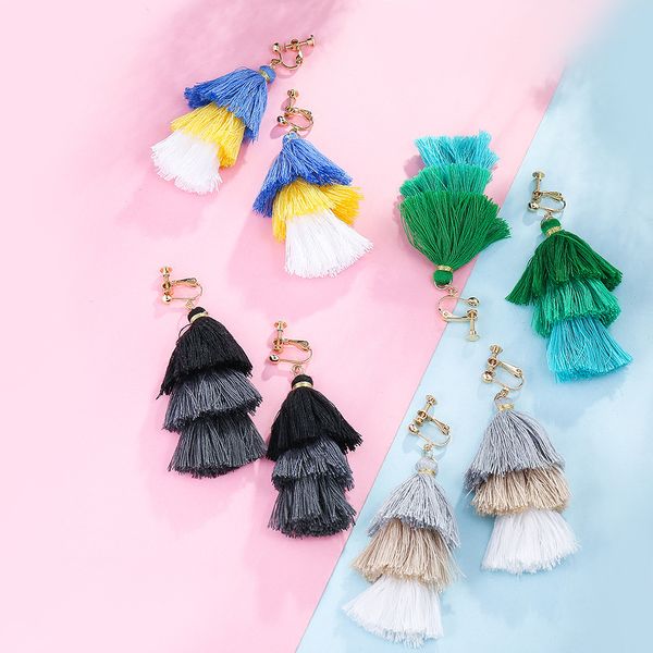 

cross-border new fashion three-layer cake cotton line color spike head non-perforated personality hit color long tassel earrings, Silver