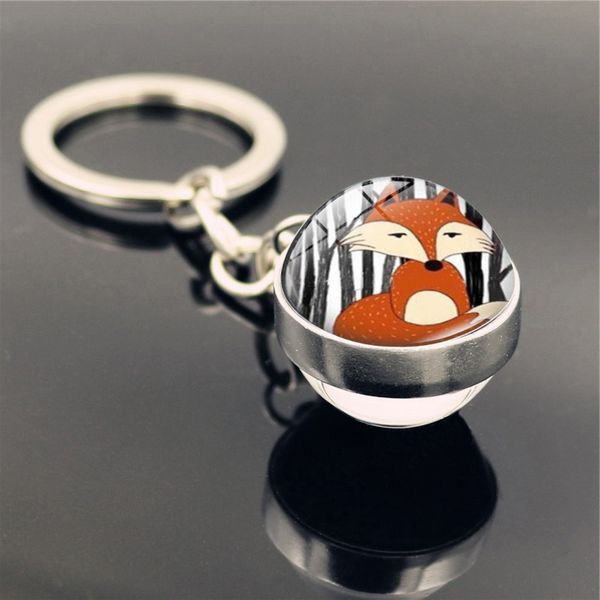 double-sided glass ball charm pendant keychain keyring fox pattern time gem metal keychain fashion creative couple jewelry friend gifts, Slivery;golden