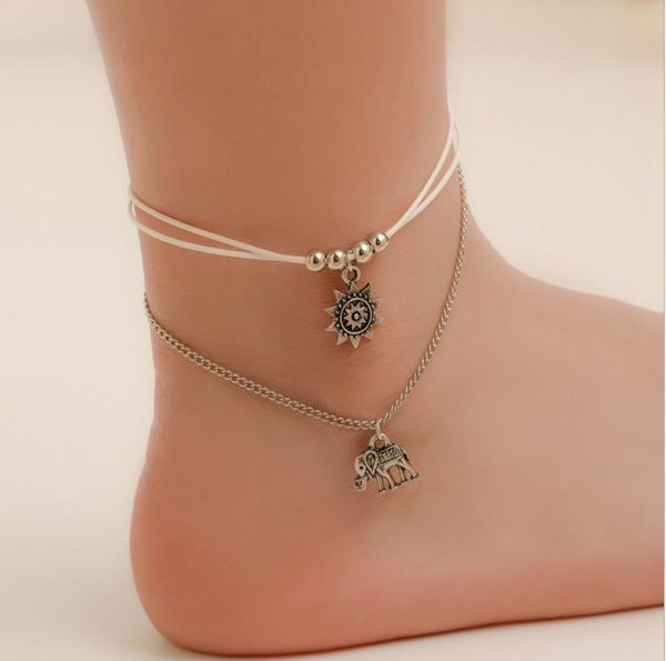 two layer anklet white rope through round bead and alloy sun flower elephant pendant with silver plated metal chain, Red;blue
two layer anklet white rope through round bead and alloy sun flower elephant pendant with silver plated metal chain, Red;blue