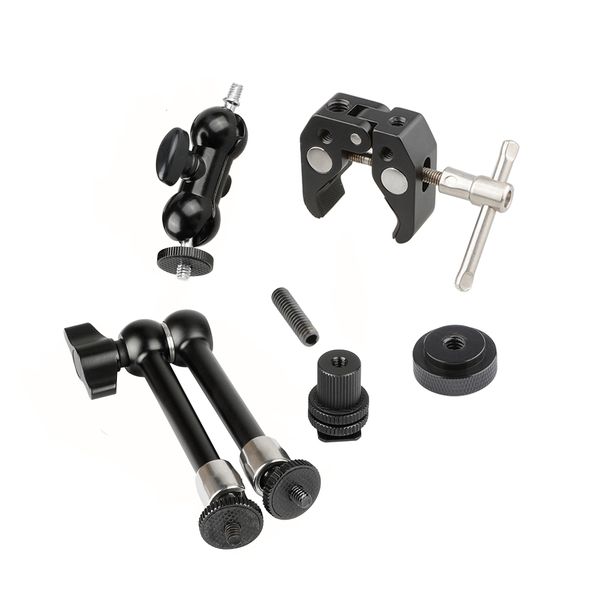 super crab clamp + 11" magic articulated arm + mini ball head + 1/4" male female thread accessories for dslr camera cage diy confi
super crab clamp + 11" magic articulated arm + mini ball head + 1/4" male female thread accessories for dslr camera cage diy confi