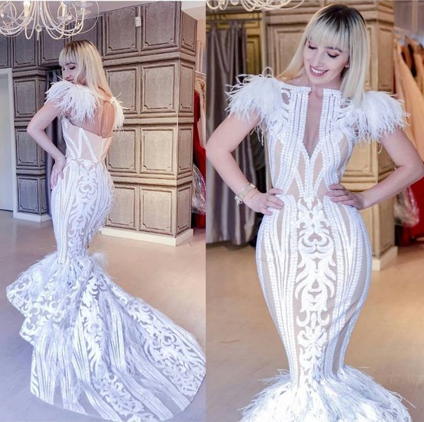 2019 feather mermaid wedding dresses new lace appliqued sequins sweep train beach wedding dress bateau neck boho bridal gown robe de mariée, White
2019 feather mermaid wedding dresses new lace appliqued sequins sweep train beach wedding dress bateau neck boho bridal gown robe de mariée, White