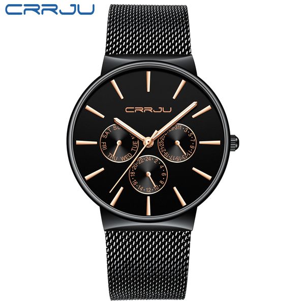 

crrju 2155 man watch men quartz wristwatch 2019 luminous men's watches 2019 date week 24 hours dial display watchband male watch, Slivery;brown