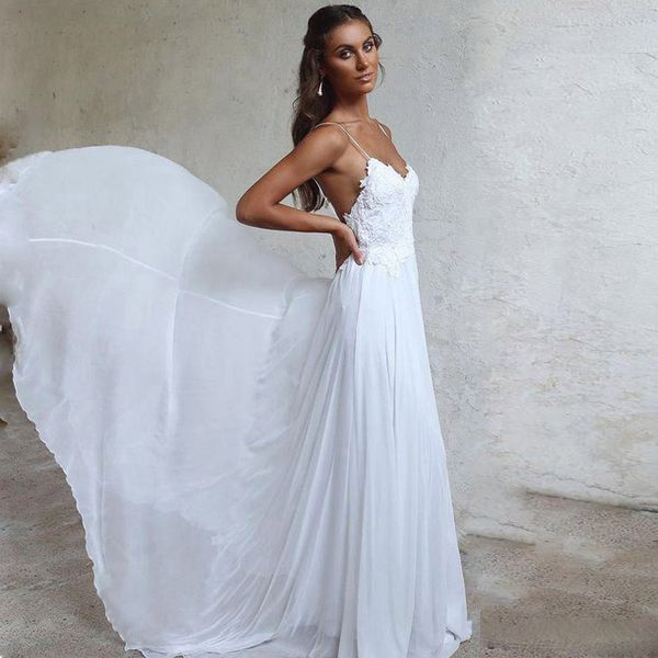 spaghetti straps wedding dress with sweep train chiffon appliques lace backless bridal gown summer beach robe de mariage 2020, White
spaghetti straps wedding dress with sweep train chiffon appliques lace backless bridal gown summer beach robe de mariage 2020, White