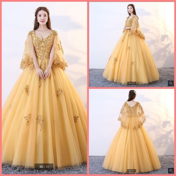 robe de soiree gold lace appliques beaded ball gown prom dress princess v neck with cape modest puffy prom gowns sweet 16 dresses, Black
robe de soiree gold lace appliques beaded ball gown prom dress princess v neck with cape modest puffy prom gowns sweet 16 dresses, Black