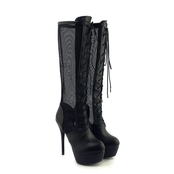 spring women's boots/pu upper/round head/thin heel/high heel 14cm/boot barrel screen/cross strap/waterproof platform/gt&m555, Black
spring women's boots/pu upper/round head/thin heel/high heel 14cm/boot barrel screen/cross strap/waterproof platform/gt&m555, Black
