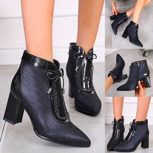 women's fashion bow knot heels elegant warm ankle office ladies boots, Black