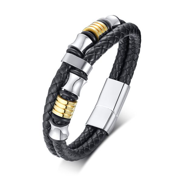 black gold color fashion simple men's leather weave bangle stainless steel bracelet watchband jewelry gift for men boys j055
black gold color fashion simple men's leather weave bangle stainless steel bracelet watchband jewelry gift for men boys j055