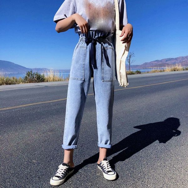 fashion 2019 women casual solid pockets straight pants korean elastic high waist jeans ruffles lace up denim pants, Blue
fashion 2019 women casual solid pockets straight pants korean elastic high waist jeans ruffles lace up denim pants, Blue