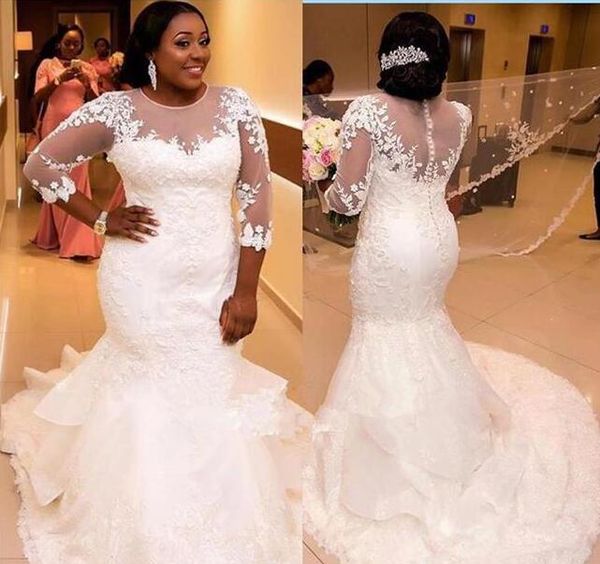 plus size mermaid wedding dresses new sweep train jewel neck applique tulle sheer ruffled 3/4 long sleeve lace wedding gowns w710, White
plus size mermaid wedding dresses new sweep train jewel neck applique tulle sheer ruffled 3/4 long sleeve lace wedding gowns w710, White