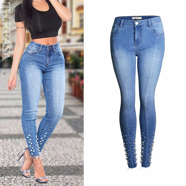 2018 spring pearl beaded jeans blue high waist pocket button, zipper skinny jeans women casual pants
2018 spring pearl beaded jeans blue high waist pocket button, zipper skinny jeans women casual pants