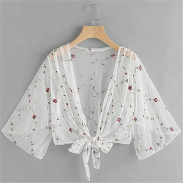 women blouses sunscreen floral bow embroidery cover up beachwear transparent long sleeves haut femme, White
women blouses sunscreen floral bow embroidery cover up beachwear transparent long sleeves haut femme, White