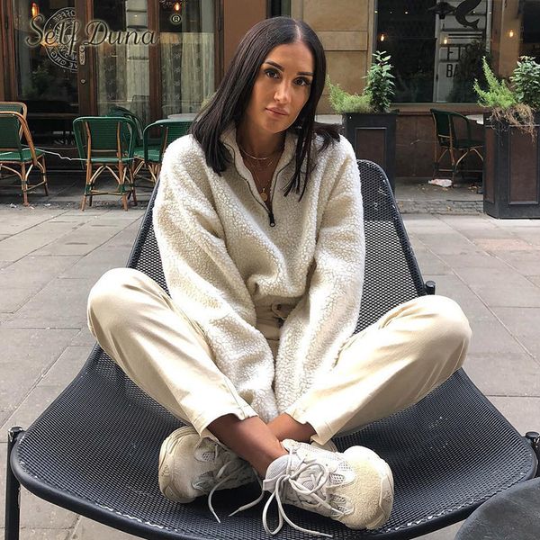 self duna 2019 autumn winter women oversized hoodie lambswool zipper suede lamb loose casual female hoodie sweatshirt, Black 
self duna 2019 autumn winter women oversized hoodie lambswool zipper suede lamb loose casual female hoodie sweatshirt, Black