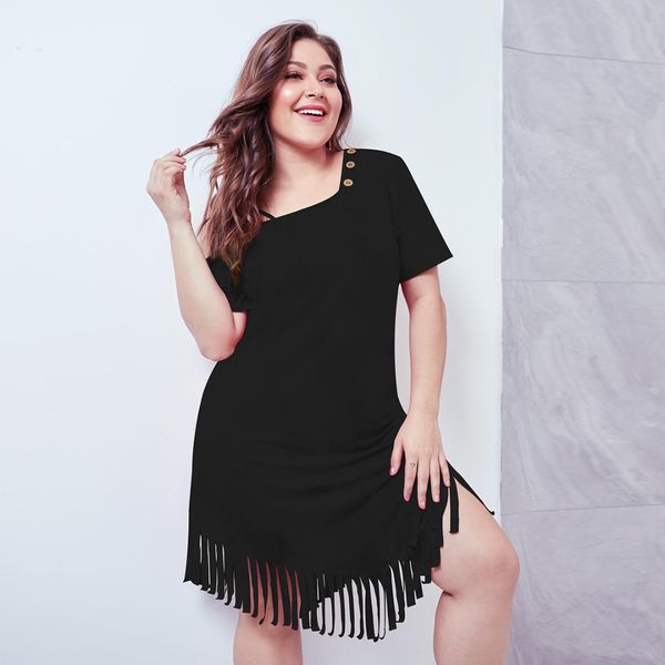 spring cross-border new tassel big swing europe and america oblique shoulder short-sleeved waist large size women's dress, White
spring cross-border new tassel big swing europe and america oblique shoulder short-sleeved waist large size women's dress, White