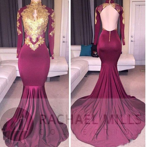 2019 African Burgundy Long Sleeve Gold Lace Prom Dresses Mermaid Satin Applique Beaded High Neck Backless Court Train Prom Party Gowns