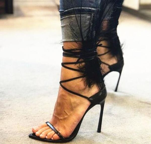 Designer Black Feather High Heels Sandals Women Lace Strap Ankle Buckle Gladiator Sandals Summer Ladies Dress Shoes Faux Fur
Designer Black Feather High Heels Sandals Women Lace Strap Ankle Buckle Gladiator Sandals Summer Ladies Dress Shoes Faux Fur