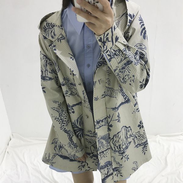 women's trench cartoon print loose hooded irregular hem single breasted coat with pockets, Tan;black
women's trench cartoon print loose hooded irregular hem single breasted coat with pockets, Tan;black