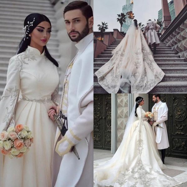 ball gown wedding dresses long sleeve high neck appliques satin bridal gowns court train vestidos de novia, White
ball gown wedding dresses long sleeve high neck appliques satin bridal gowns court train vestidos de novia, White
