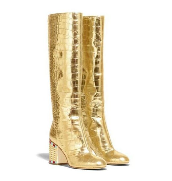 crystal embellished thick heels runway boots round toe gold leather knee high boots woman riding shoes, Black
crystal embellished thick heels runway boots round toe gold leather knee high boots woman riding shoes, Black