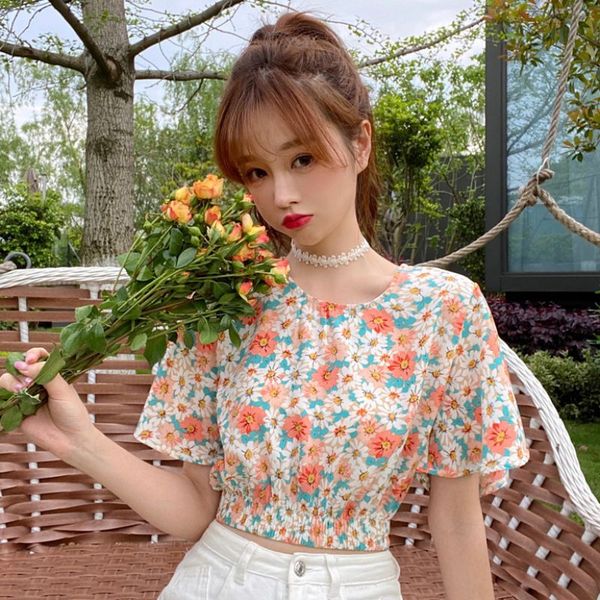 summer o-neck cotton blouses short sleeve women shirts sweet print chiffon blouses, White